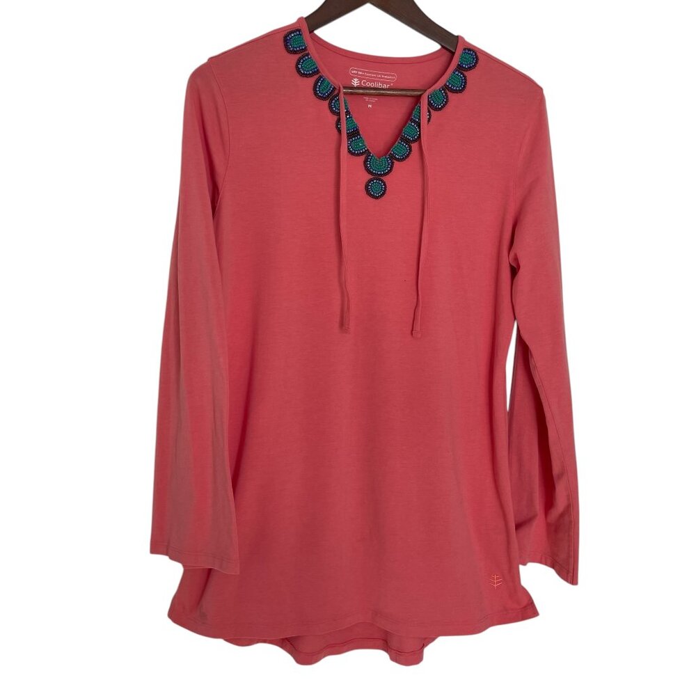 Coolibar Tunic Top Medium M Pink Beaded V Neck Tie Front UPF 50+ Cover Up Shirt